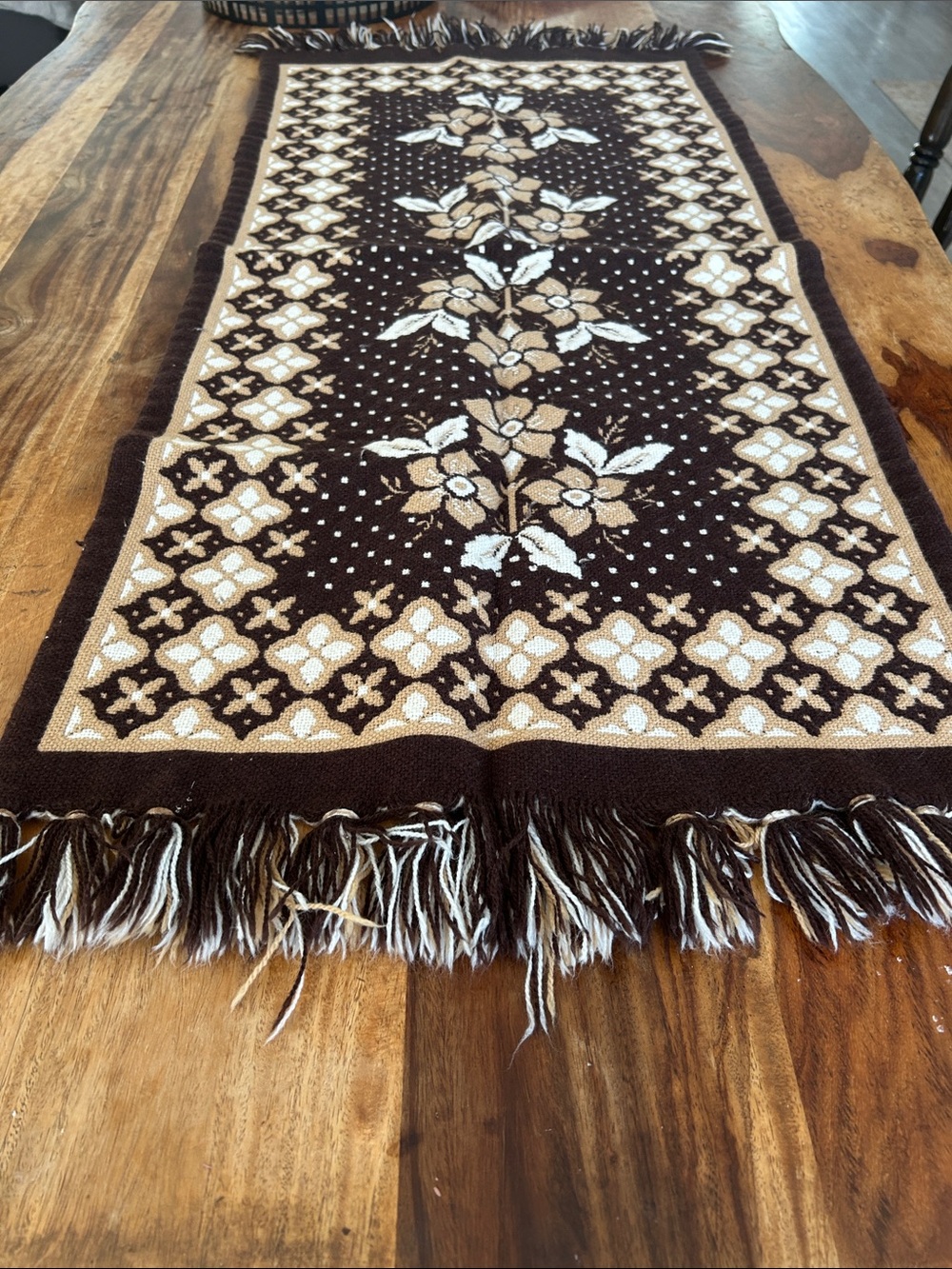 Floral Pattern Woven Table Runner in Brown and Cream 42”x20” thick reversible